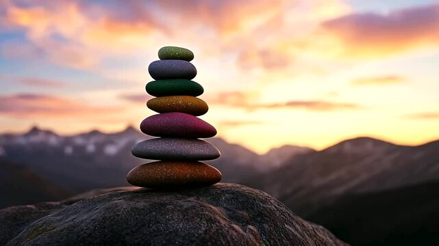 A tower of smooth stones in bold colors, carefully balanced from largest to smallest, creating a peaceful, harmonious structure against a warm sunset backdrop.