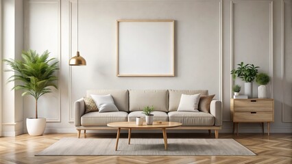 Minimalist living room interior with a blank poster frame mockup above a stylish sofa, blank, poster frame, mockup, minimalist