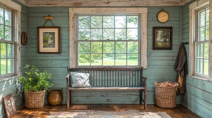 A charming corner of a rustic room featuring a vintage bench, artwork, and natural light illuminating the blue wooden walls and greenery outside.