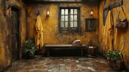 A cozy rustic room featuring textured yellow walls, a wooden bench, and a touch of greenery. Ideal for a vintage farmhouse design atmosphere.