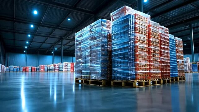 In a modern warehouse, a packed pallet of various grocery products stands under bright lights, creating a perfect wholesale visual with space for text.