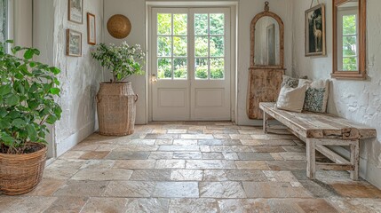 This image depicts a cozy entryway featuring vintage decor, natural materials, and soft pastel colors within a French farmhouse setting.