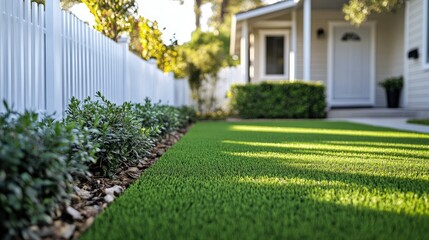 Obraz premium Artificial turf yard enclosed by a white picket fence, with the focus on clean details and bright colors.