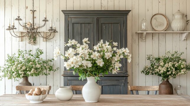 A beautifully arranged farmhouse kitchen with a rustic wooden table, white flowers, and vintage decor, highlighting a cozy and inviting atmosphere.