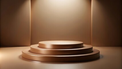 Fototapeta premium Mocha mousse brown podium with circular steps on glossy surface under soft lighting. Modern trendy tone hue shade , podium, mocha