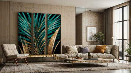 Contemporary Elegance: Triptych of 3D Palm Leaf Abstract Wall Art for Living Room