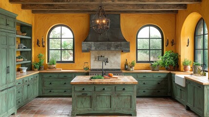 A rustic kitchen featuring green cabinetry, yellow walls, and a spacious island. It's adorned with plants, emphasizing a cozy, natural atmosphere.