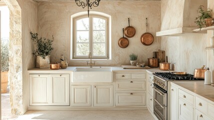 A charming European farmhouse kitchen featuring rustic cabinets, copper pans, and a cozy atmosphere. It blends vintage design with natural materials.