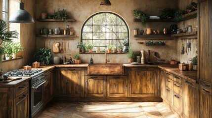 A beautiful rustic kitchen featuring wooden cabinets and shelves, adorned with plants and copper utensils, creating a cozy and inviting atmosphere.