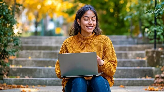 A young Asian woman sits on a park bench, smiling as she holds a laptop. Wearing a cozy orange sweater and jeans, she embodies a relaxed, studious mood amid vibrant fall foliage.