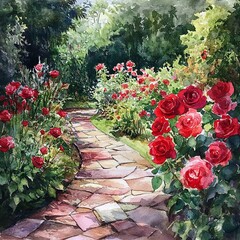 Obraz premium watercolor painting of a rose garden with vibrant red blooms and a cobblestone pathway.