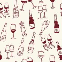 Hand drawn wine bottles and glasses background