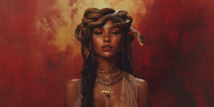 Portrait of a mixed-ethnicity woman styled as Medusa the Gorgon. Snakes intertwine naturally, symbolizing the Year of the Snake. Chinese New Year, horoscope, astrology themes. Red-gold background.