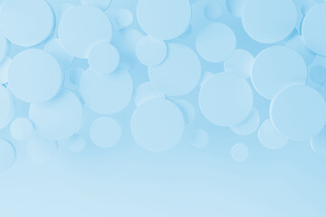 Light blue abstract background with flying plastic cylinders as border, pattern, top view, copy space. 3D illustration - circles texture in gentle, airy, geometric style for sale, advertising, design.