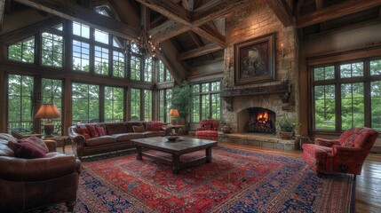 A cozy living room featuring a grand stone fireplace, elegant furniture, and large windows that frame the lush greenery outside. Classic rustic design elements prevail.