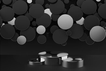 Three silver round podiums mockup on black stage for presentation black friday, new year, cosmetic products, goods, advertising. Silver circles decor. Template 3D illustration rich, elegant scene.