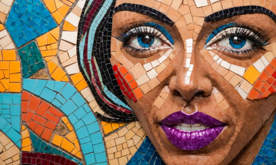 Colorful wall mosaic depicting a woman's face, artistic mood, vibrant design and textures