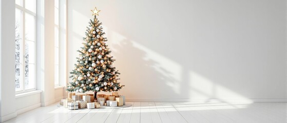 Christmas tree with gold and white decorations, garlands and gifts in bright empty room with large windows, wide banner. Copy space
