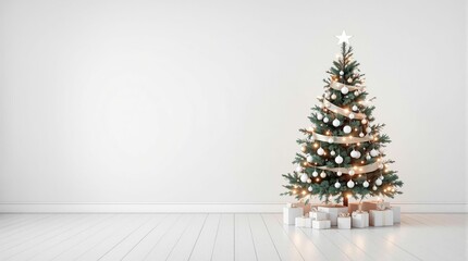Empty room with christmas tree. Copy space