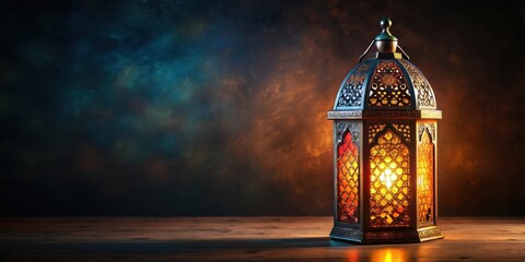 Arabic lantern glowing against a dark background, Arabic, lantern, light, decoration, Islamic, tradition, festive, celebration