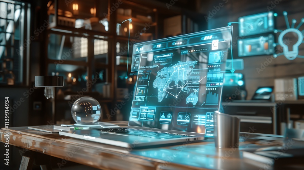 Poster augmented reality projection of ai laws and compliance checklists hovering over a laptop displaying 