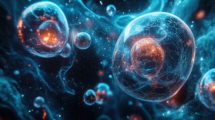 Surreal image of glowing blue bubbles with fiery cores, floating in a dark space. A cosmic, sci-fi-inspired abstract background.
