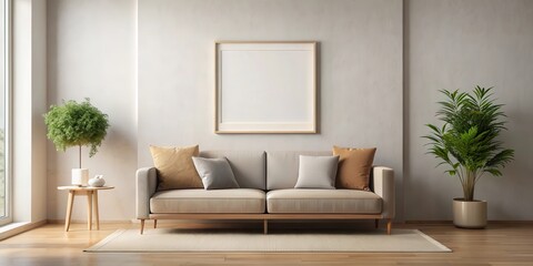 Minimalist sofa interior with a blank poster frame mockup , interior design, sofa, minimalist, frame, poster, blank
