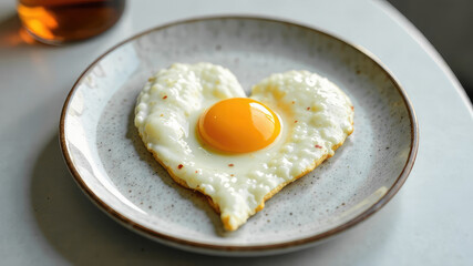 Heart shaped fried eggs on a plate on the table. Romantic breakfast for Valentine's Day