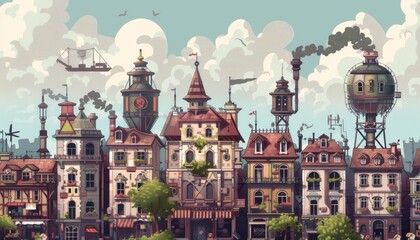Naklejka premium Steampunkc cityscape. Steampunk town, Vintage city with towering struckture. Urban fantasy landscape. Background illustration.