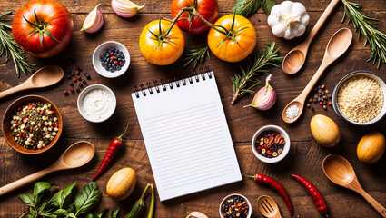 Rustic Kitchen Setup: Organic Cooking Ingredients, Blank Notebook, and Recipe Preparation