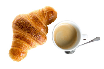 Cup of hot coffee and croissant for breakfast on white isolated png background