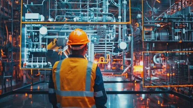 Industrial Engineer in Digital World. A lone industrial engineer in a futuristic factory, a visionary in a world where technology meets industry.