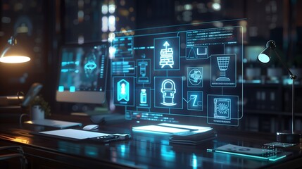 Holographic AI ethics dashboard with legal icons, compliance stamps, and interconnected AI regulations floating above a sleek workspace.