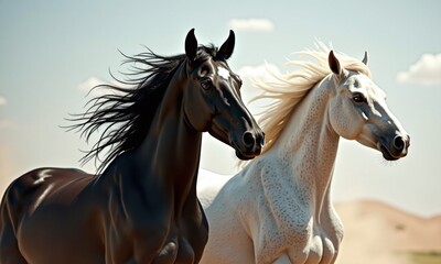 Fototapeta premium Majestic horses black and white stallions portrait side