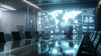 Holographic display of AI ethics icons, regulatory guidelines, and legal scales floating above a futuristic boardroom conference table.