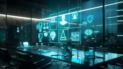 Holographic display of AI ethics icons, regulatory guidelines, and legal scales floating above a futuristic boardroom conference table.