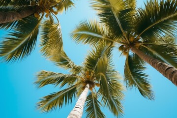Green fronds of coconut palm trees swaying gently in the tropical breeze against a clear blue sky, creating a serene and idyllic island paradise scene