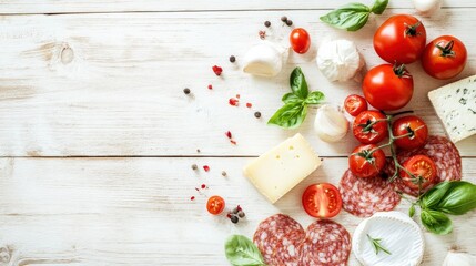 Gourmet Italian Food Ingredients Arranged On White Wood