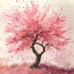 Watercolor painting of a tree covered in blooming cherry blossoms with petals falling gently.