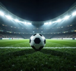 Soccer Ball on Stadium Field at Night

