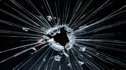 Eine zerbrochene Fensterscheibe vor schwarzem Hintergrund