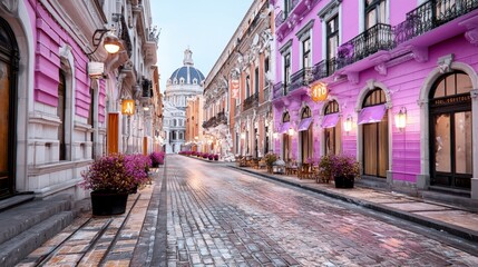 Obraz premium Charming Purple City Street Cobblestone Road European Architecture Sunrise