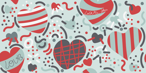 Colorful seamless doodle pattern: white, blue, red hearts, dots. Hand drawn vector illustration for cards, banners, wallpaper, textile, wrapping. Happy Valentines Day. Editable stroke	