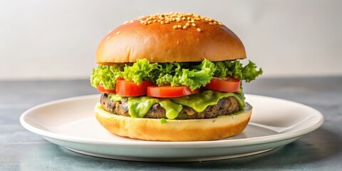 Delicious guacamole burger served on a white plate , food, burger, guacamole, avocado, Mexican, meal, lunch, dinner, tasty