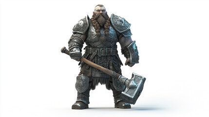 A heavily armored dwarf warrior wielding a large axe, showcasing strength and fantasy elements.