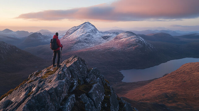 A hiker stands on a rocky peak, overlooking a stunning mountain landscape at sunset. - Powered by Adobe