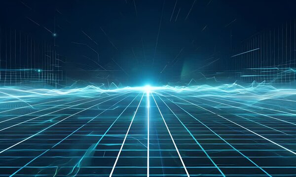futuristic grid pattern with glowing nodes and flowing energy lines