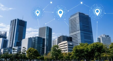 Aerial view highlights a modern city with digital network connections and floating map pins over buildings near a wide river.