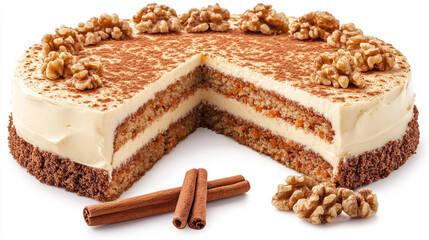A layered cake with cream and walnuts, showcasing a slice revealing its texture.