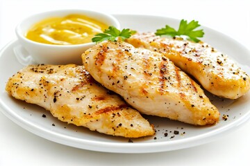Boneless Chicken Tenders with Honey Mustard Dip on White Background